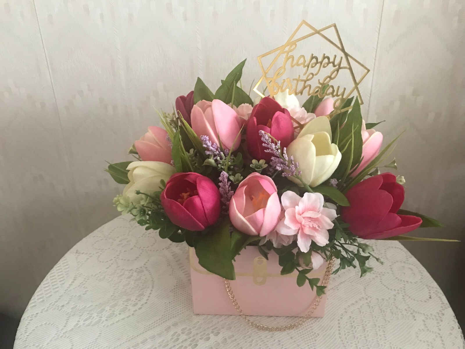 Birthday, Mother’s Day Bouquet Of Real Touch Tulips In Florist Handbag Box