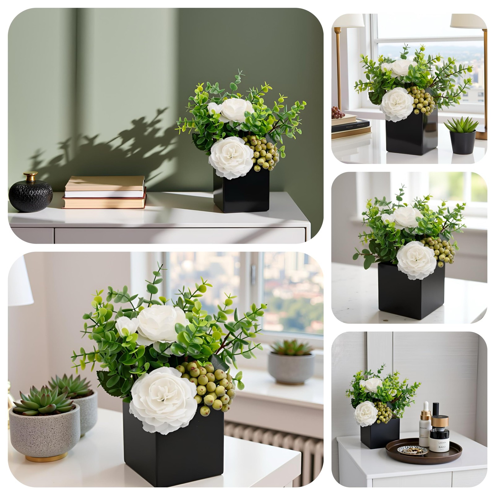 Artificial White Peony Flowers Eucalyptus Green Berries Black Square Vase