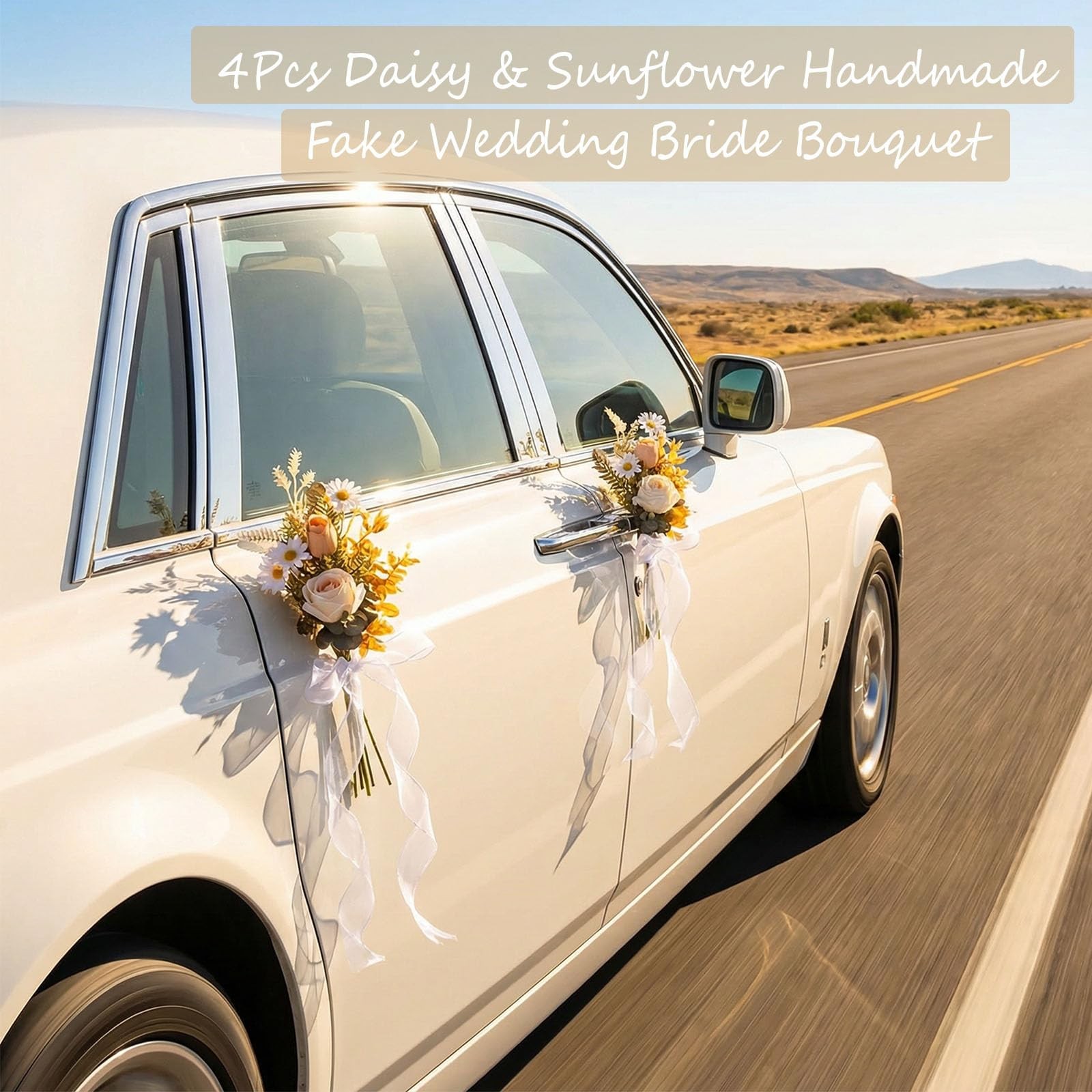12-inch Champagne Wedding Car Door Handle Decorations – Handmade Daisy & Sunf…