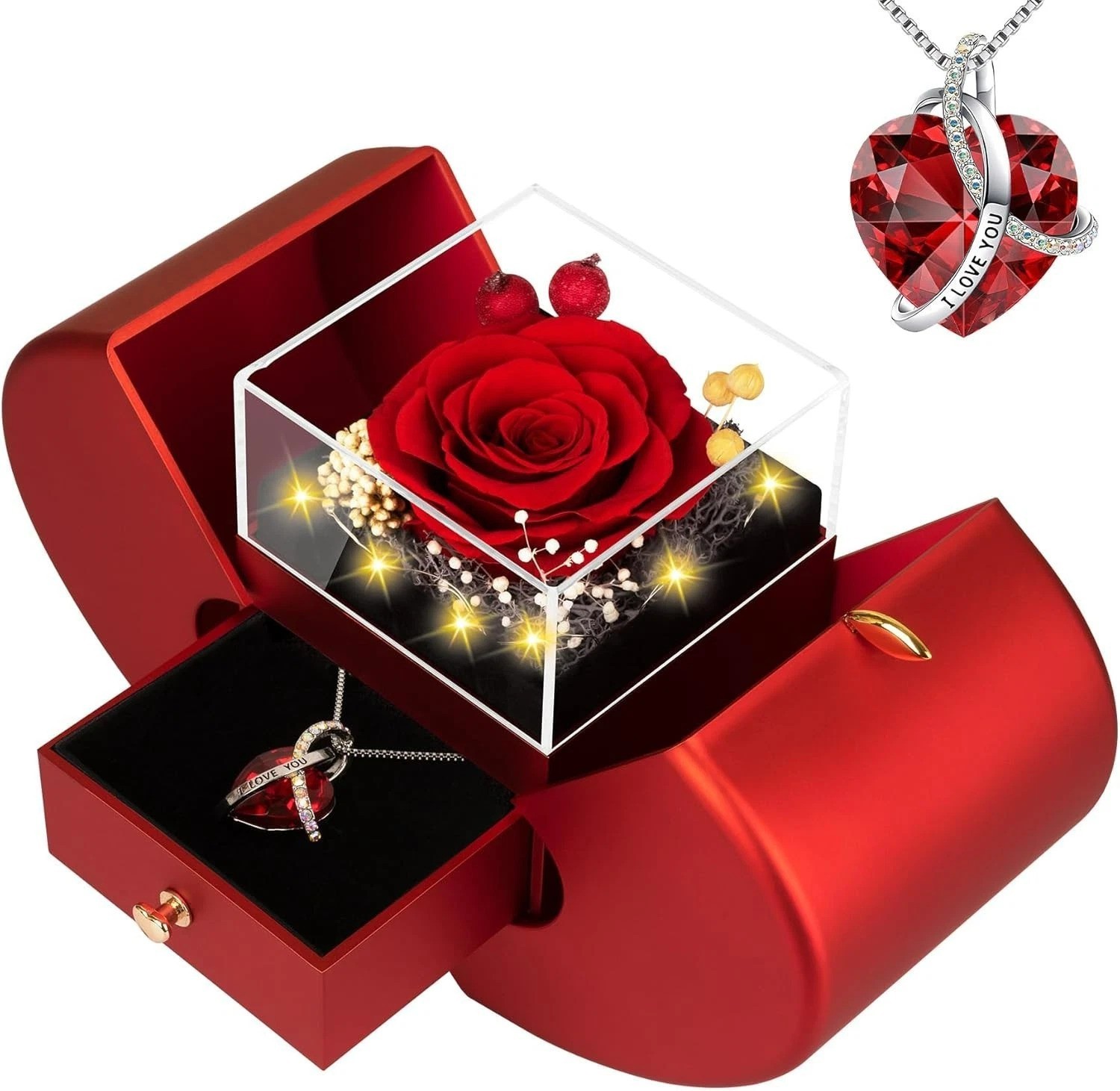 Preserved Real Red Rose with l Love You Necklace Forever Flowers Rose Valenti…