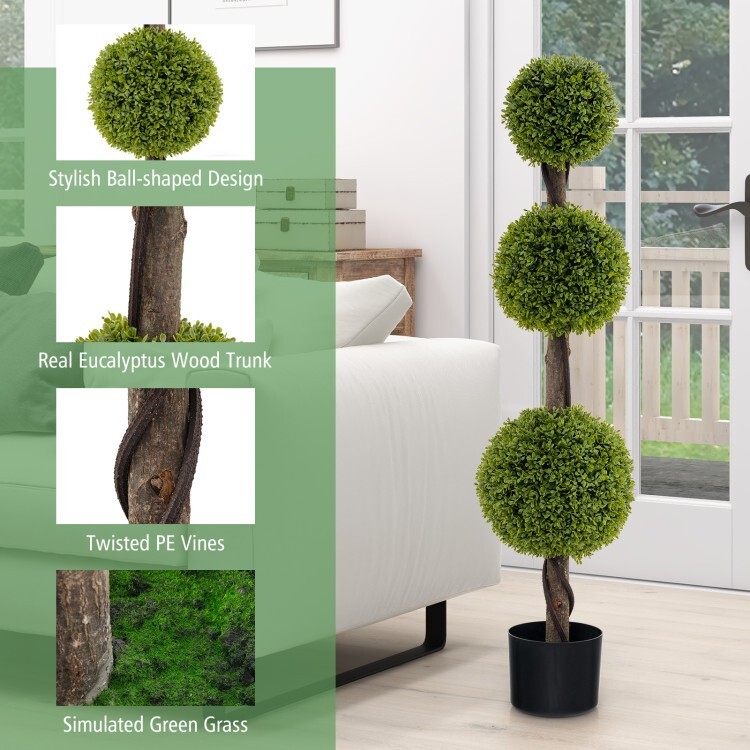 4′ Artificial Boxwood Topiary Ball Tree Plant Pot With Lush PE leaves and Trunk