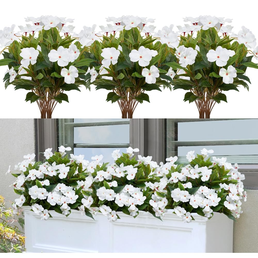 Artificial Plants Outdoor,4PCS 7Branches Fake Impatiens Artificial Flowers fo…