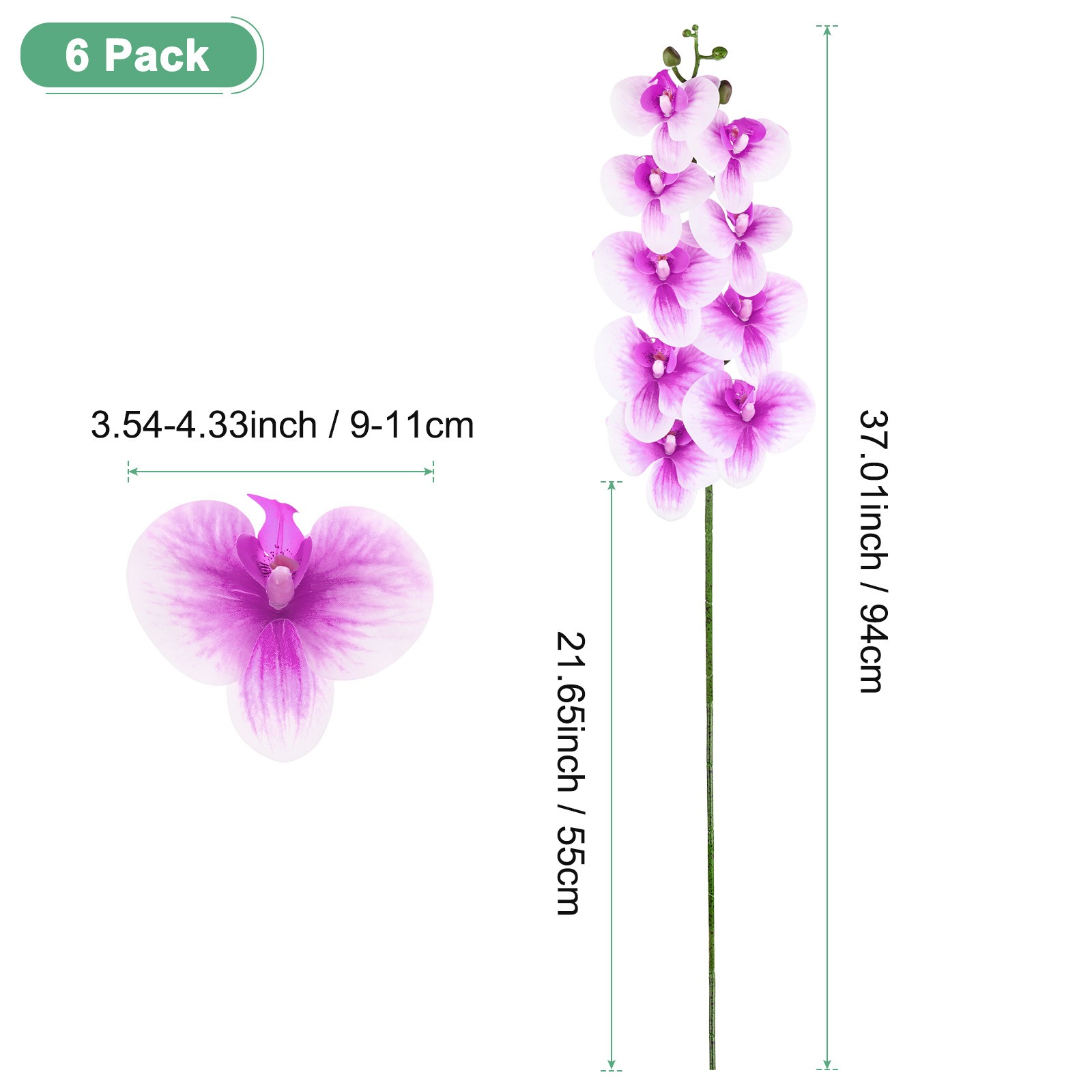 6-Pack Artificial Orchid Flowers 9 Large Petals for Home[Dark Purple White]