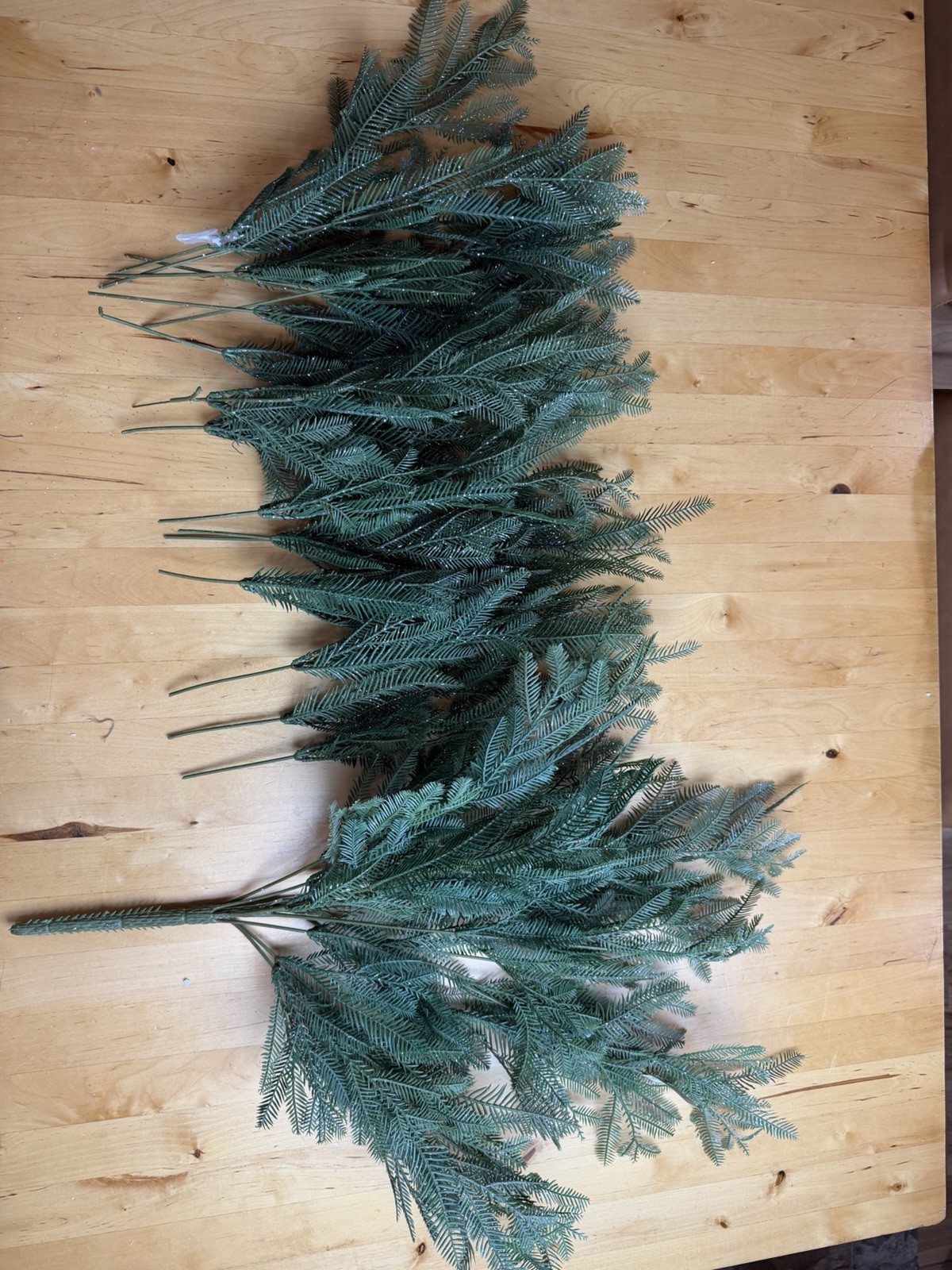 Lot of 17 Glittered Artificial Pine Branches – 1 Full Bush Stem + 16 Sprigs