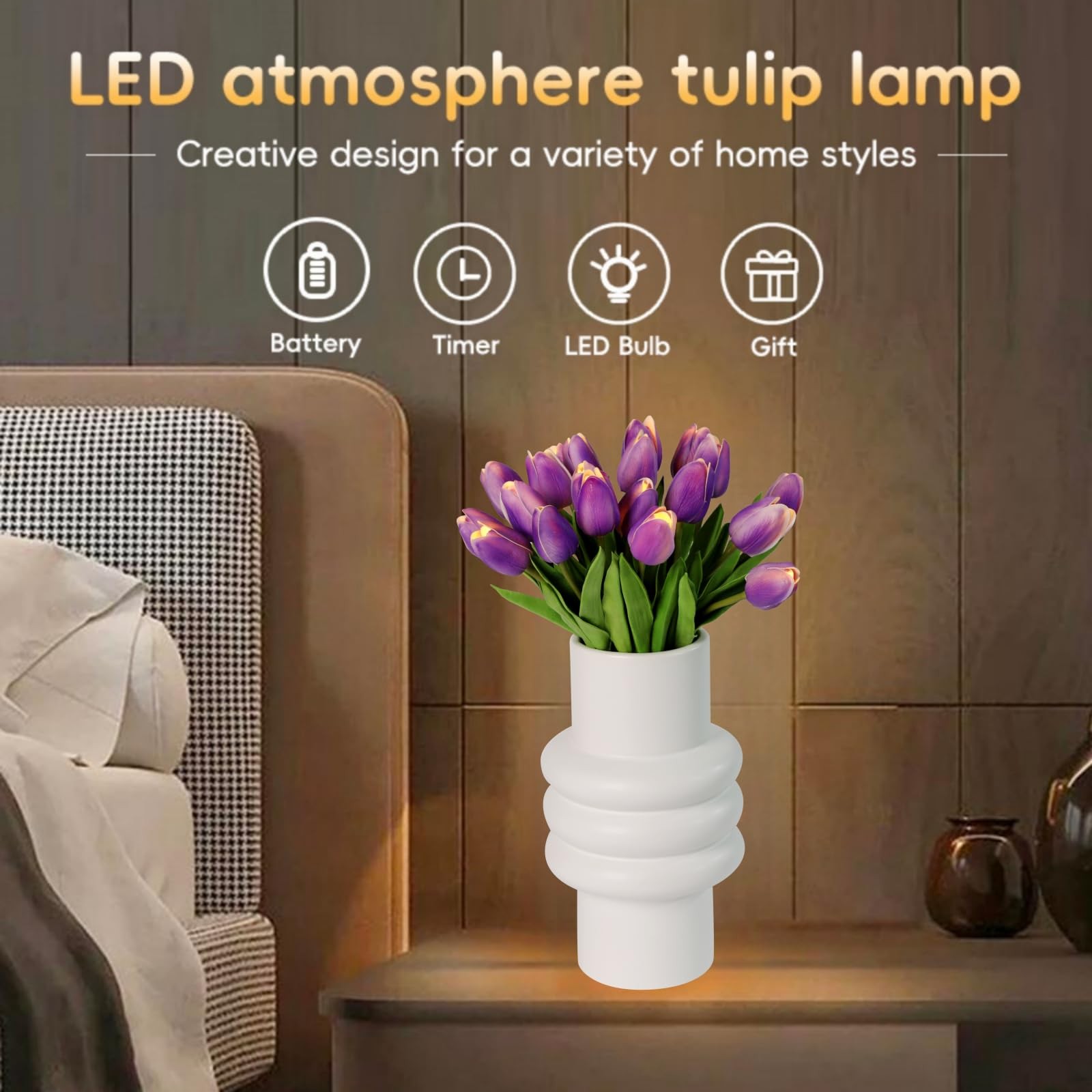 20pcs Tulip Bouquet Lamp Artificial Flower Night Light Real Touch Tulip Night…