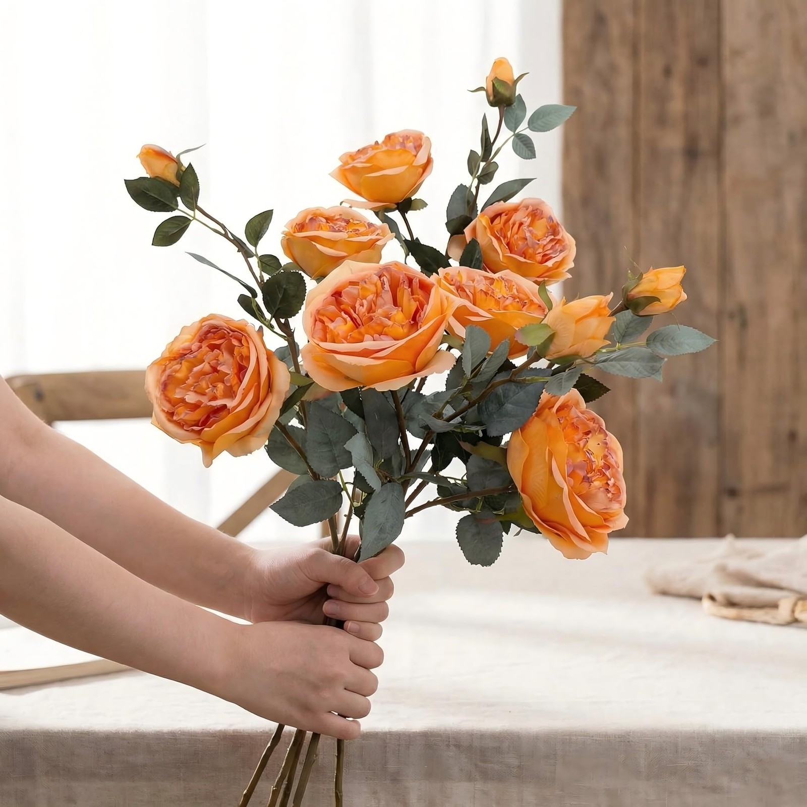 4 PCS Fall Orange Rose Bouquet Fake Roses Artificial Flowers Home Decor