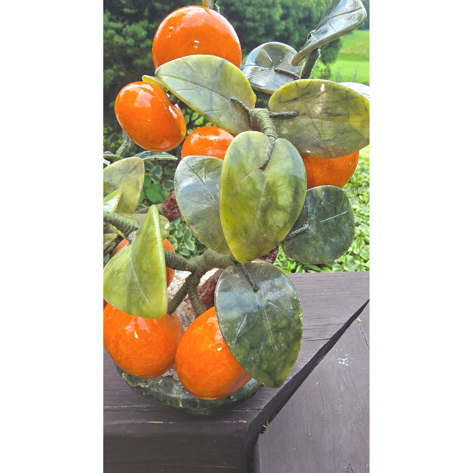Vintage Chinese Glass Jade Agate Orange Persimmon Bonsai Tree Carved Pot
