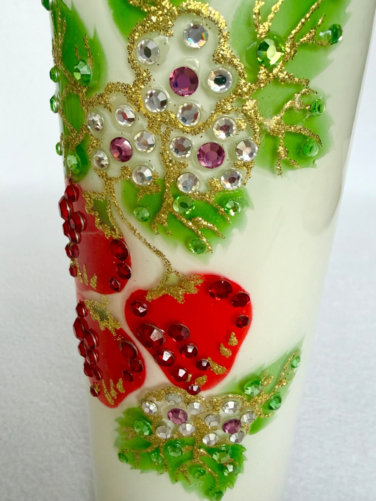Vintage Candle Holder Glass Red Strawberry Leaf Applied Jewel Rhinestones 9”