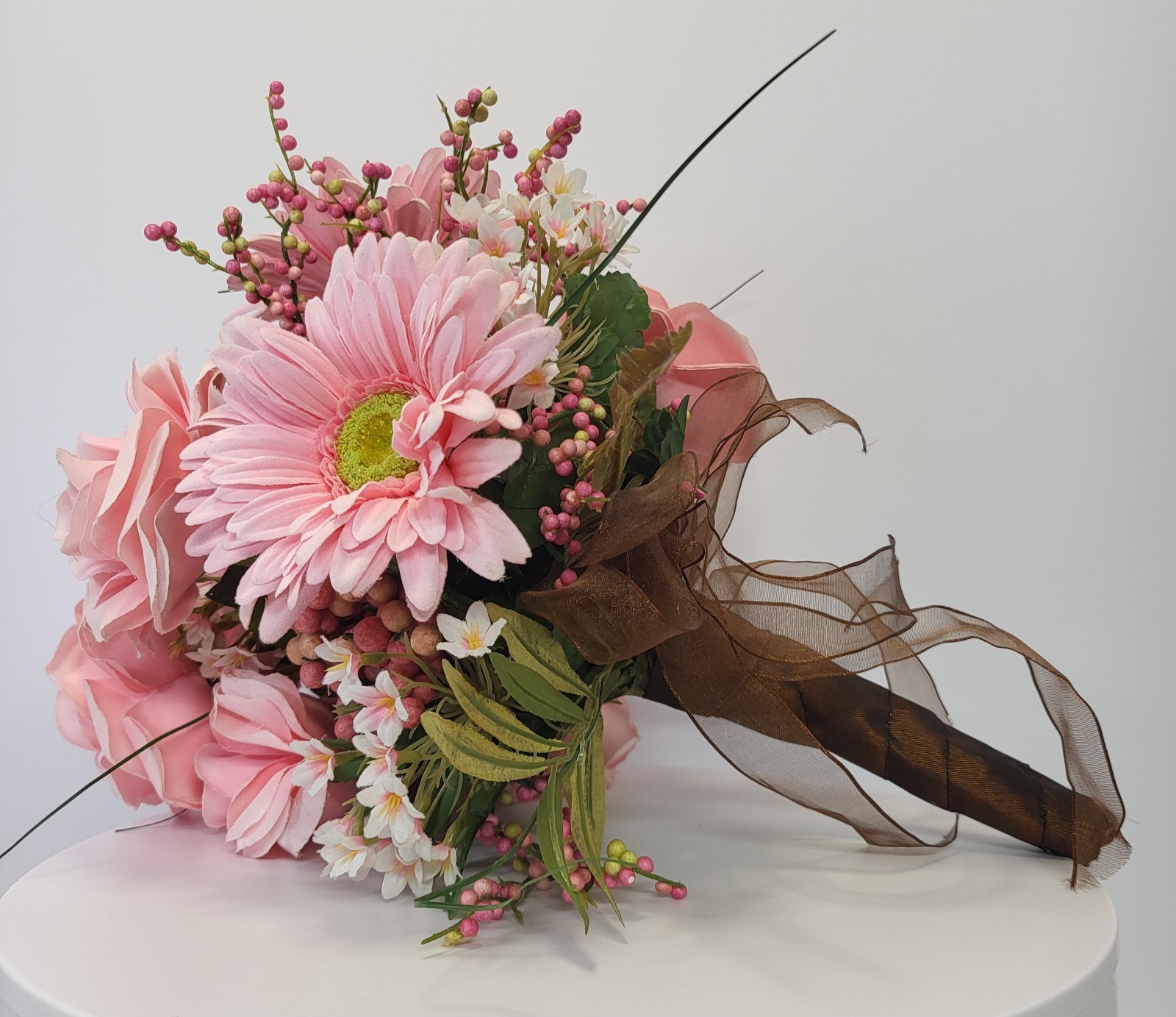 Artificial Pink Bouquet with Gerbera Daisies Roses Filler Berries Wrapped Stem