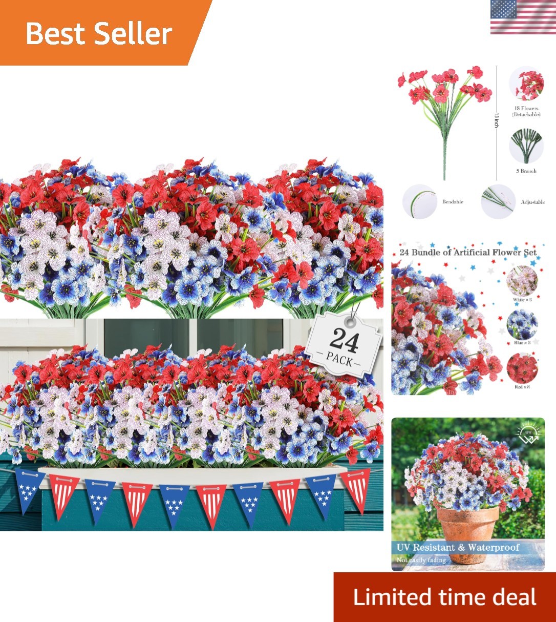 Vibrant Red, White & Blue Faux Plants – Perfect for 4th of July Decor
