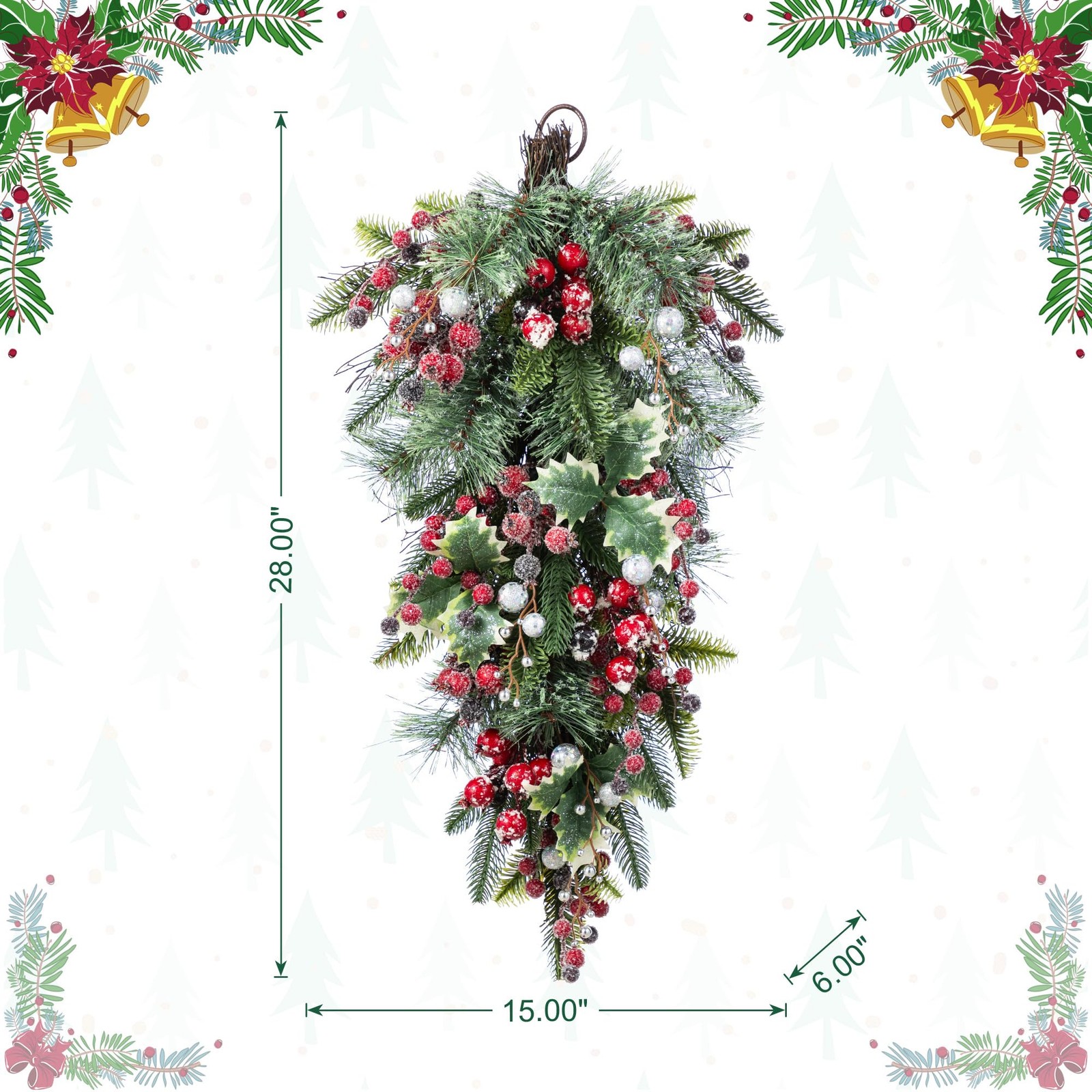 Christmas Teardrop Swag 28 Inch Red Pomegranate Berry & Holy Leaf Decor for F…