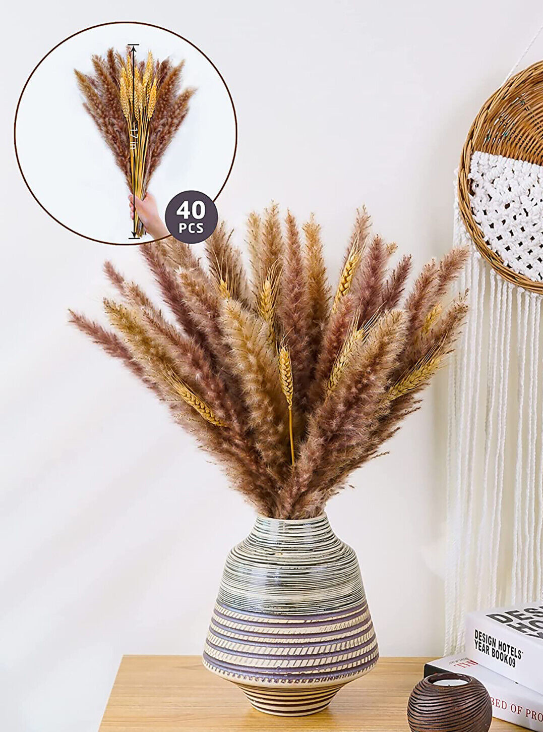 NEW 40-Pc Pampas Grass Dried Wheat Bouquet 17″ Boho Flowers Bohemian Vase Decor