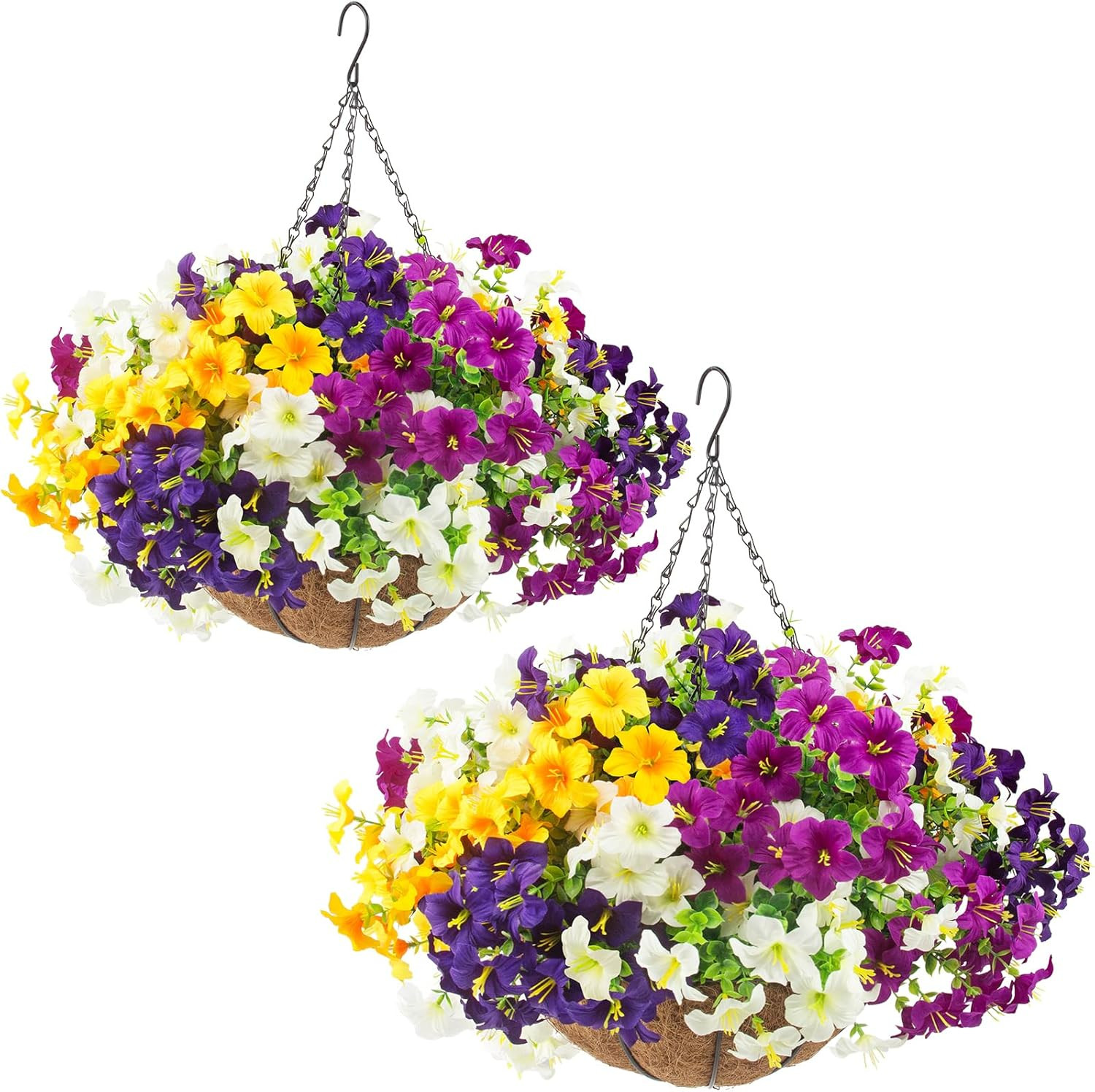 2 Set Artificial Outdoor Flowers with Hanging Baskets,24 Pcs UV Resistant Faux P