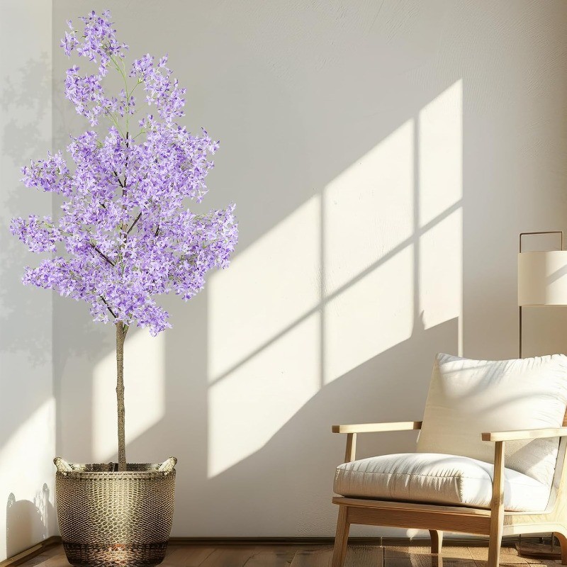 6FT Artificial Winter Jasmine Tree with Cement Base Pot Faux Floor Plant, Purple