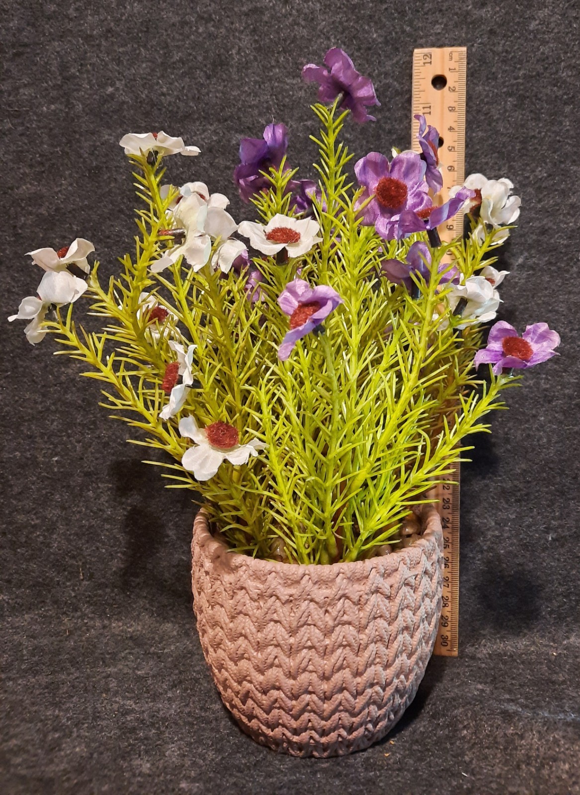 Dainty Faux Purple & White Flowers & Greenery In Woven Design Resin Flower Pot!