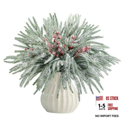Christmas Snow Norfolk Pine Branches with Red Berry Stems, 60 Pcs Snowy B Style