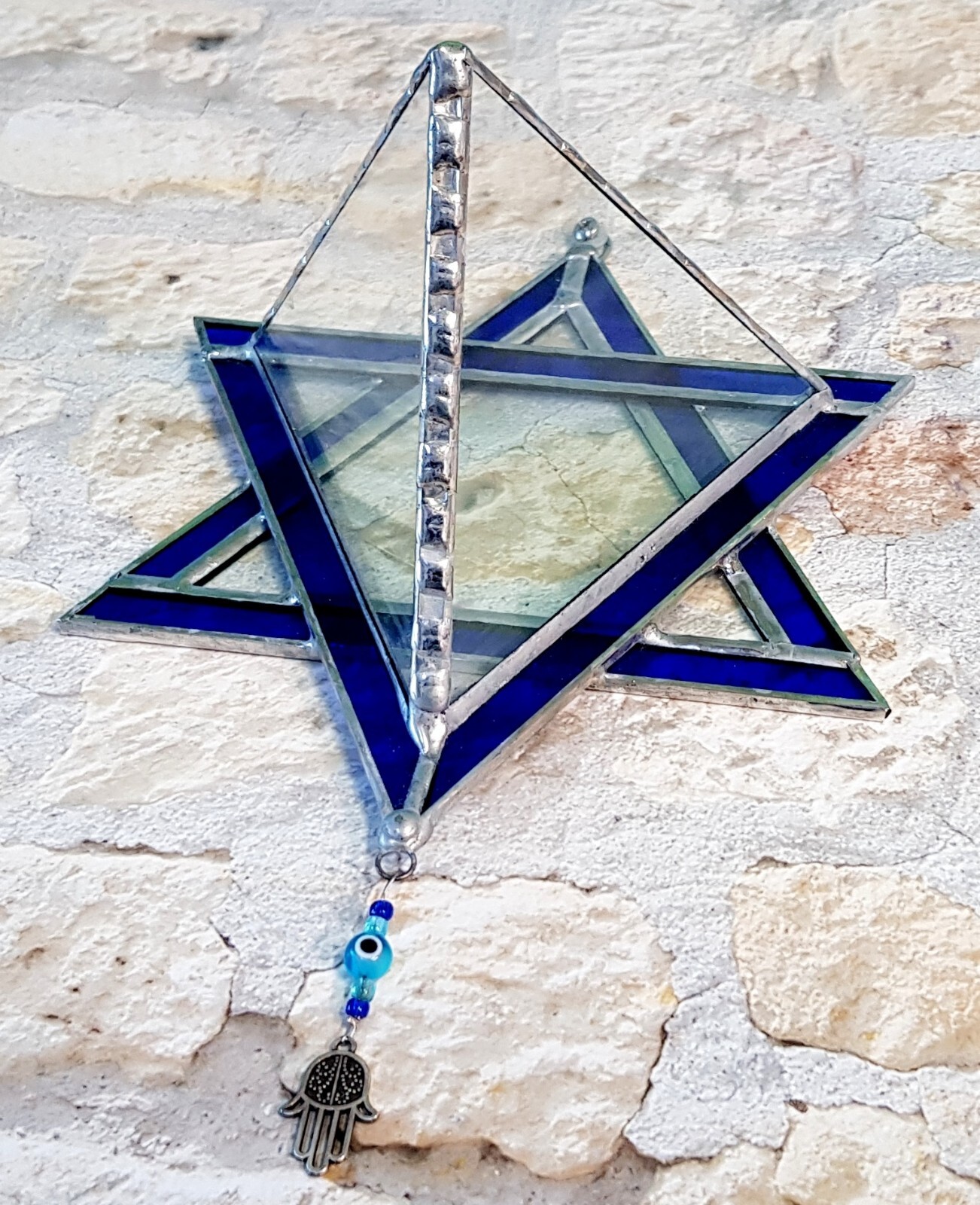 Transparent Terrarium with Blue Frame Stained Glass in shaped Star of David