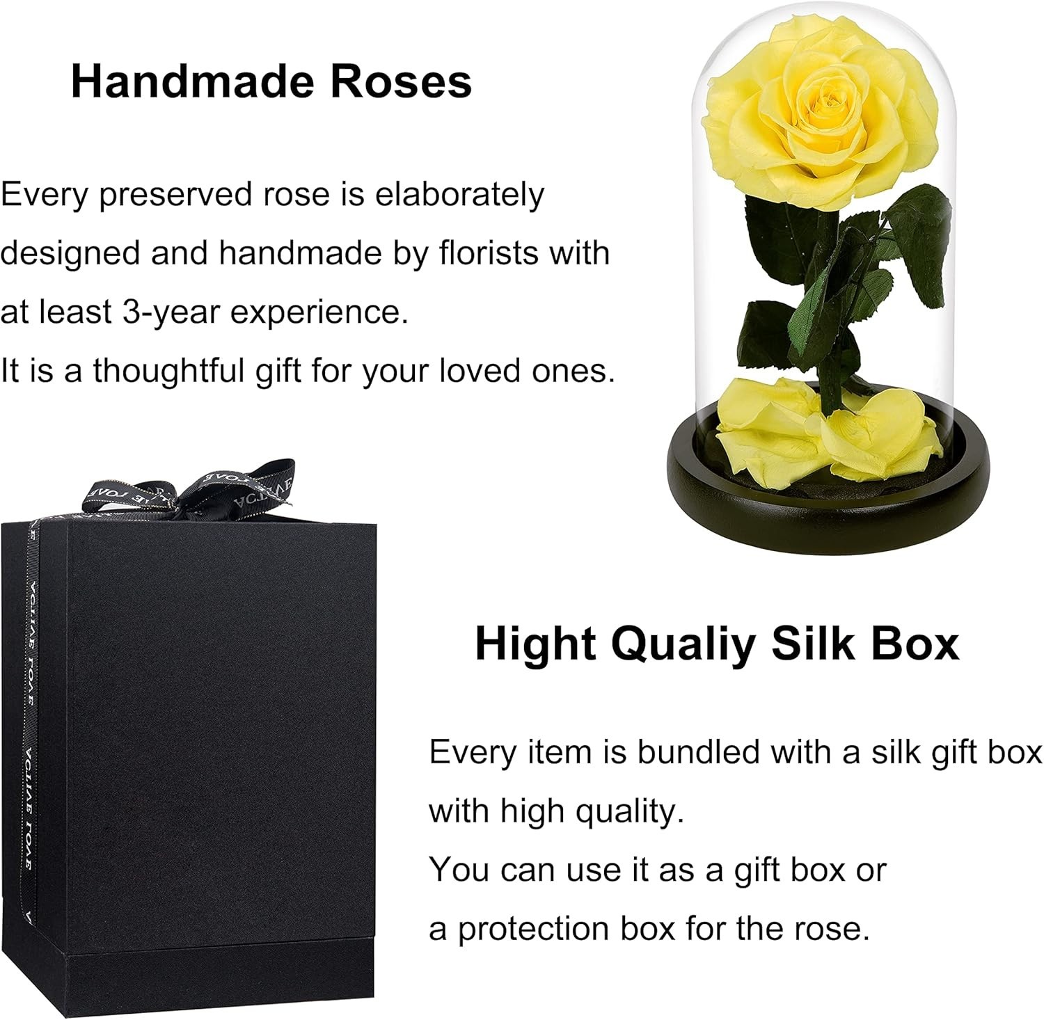 NATROSES Yellow Natural Preserved Rose in Glass Dome & Black Gift Box 7.5″H x 4″