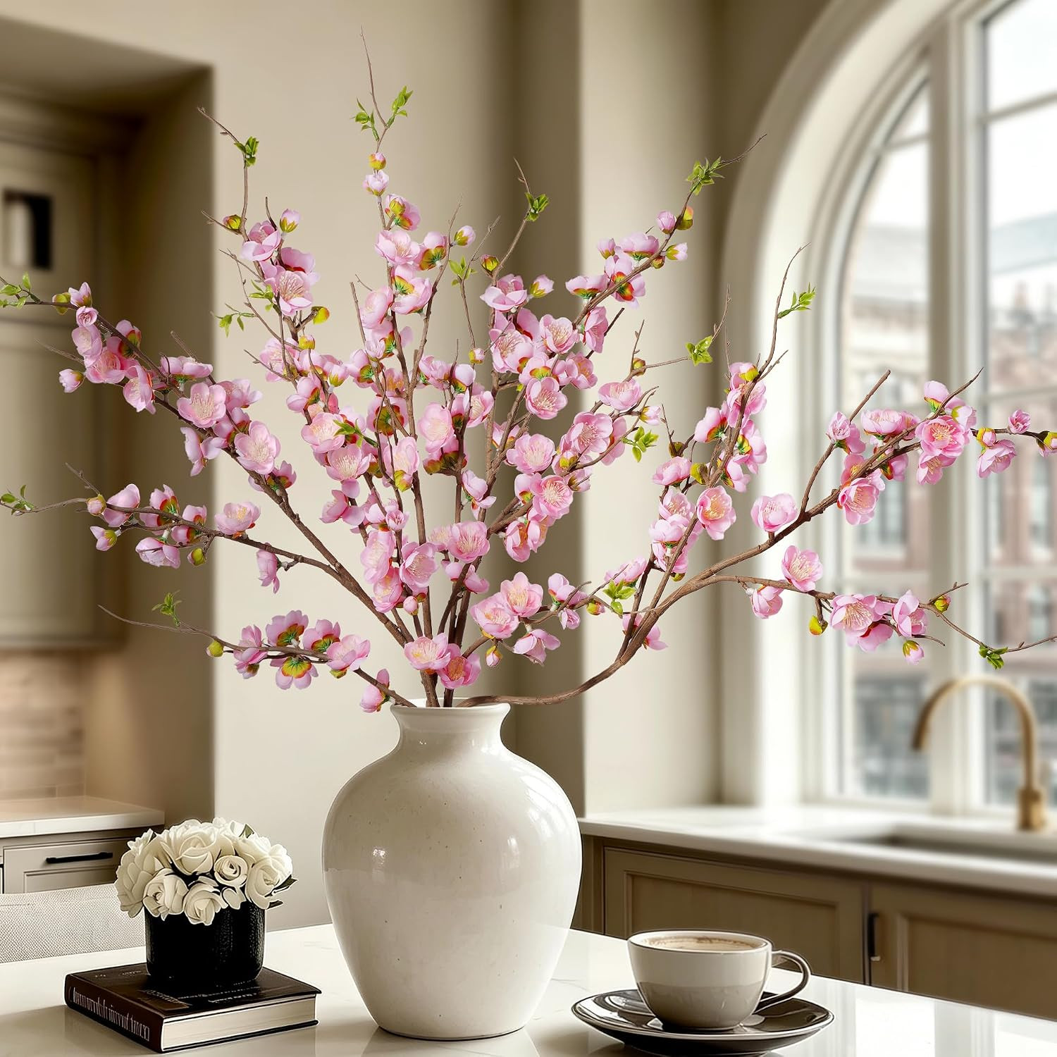 Pink Cherry Blossom Artificial Flowers – 4PCS 35.4” Long Stem Decor
