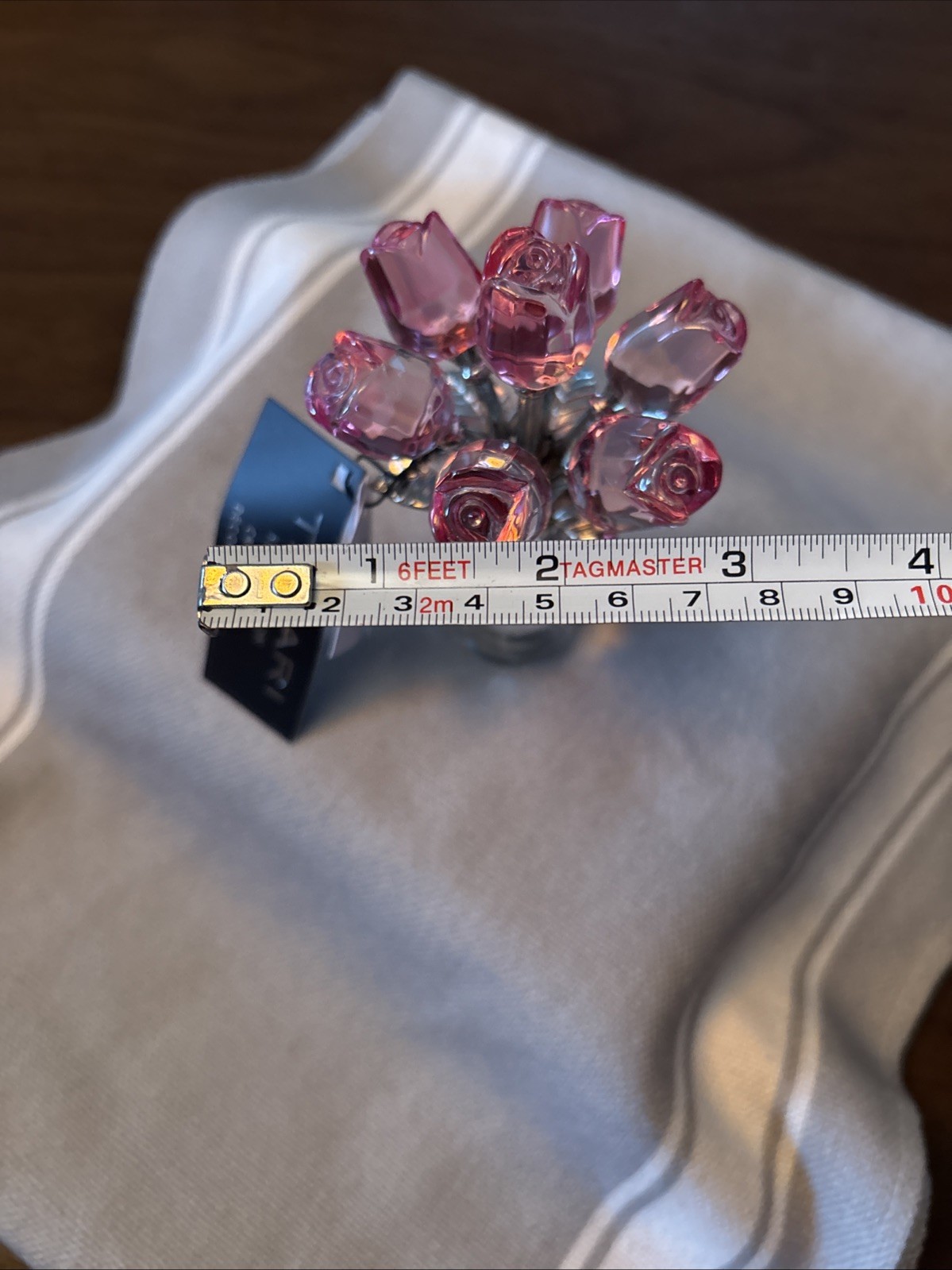Keepsake Pink 7 Roses Glass Bouquet/Crystal Vase Slv Plated Stems New! See Pics