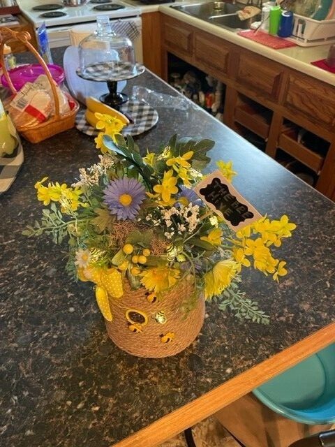 Hand made bee hive flower, with bees that light up, battery is included.