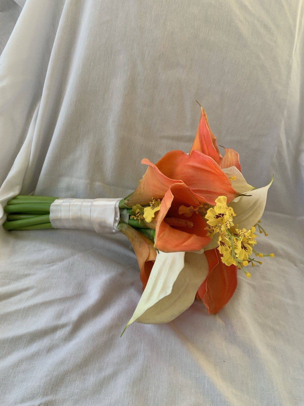 Bridal Prom Lily Bouquet Orange White Flowers Exotic Realistic Faux Rubber Soft