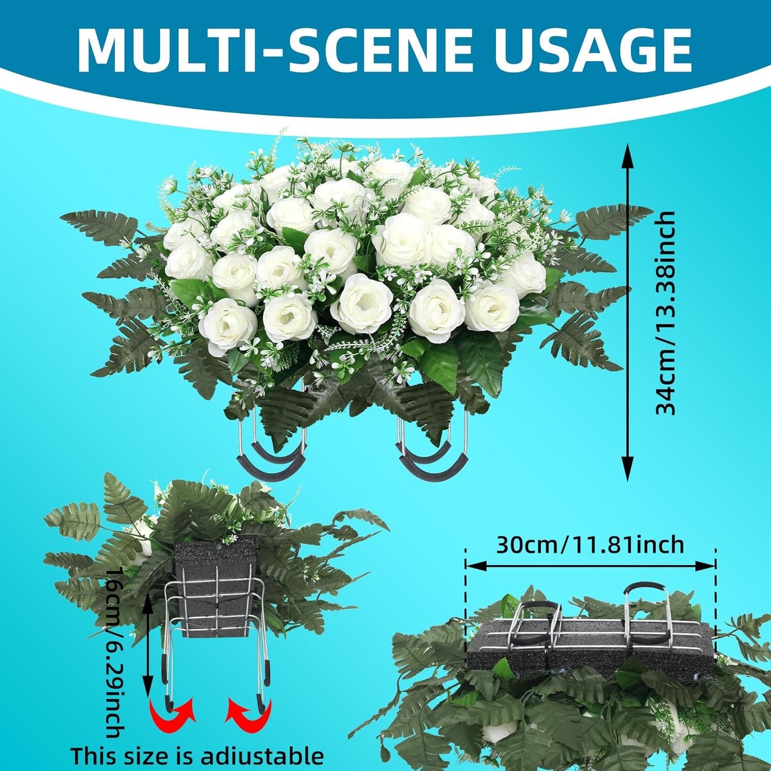 Headstone Flower Saddle Large White Artificial Roses for Cemetery Grave Decor