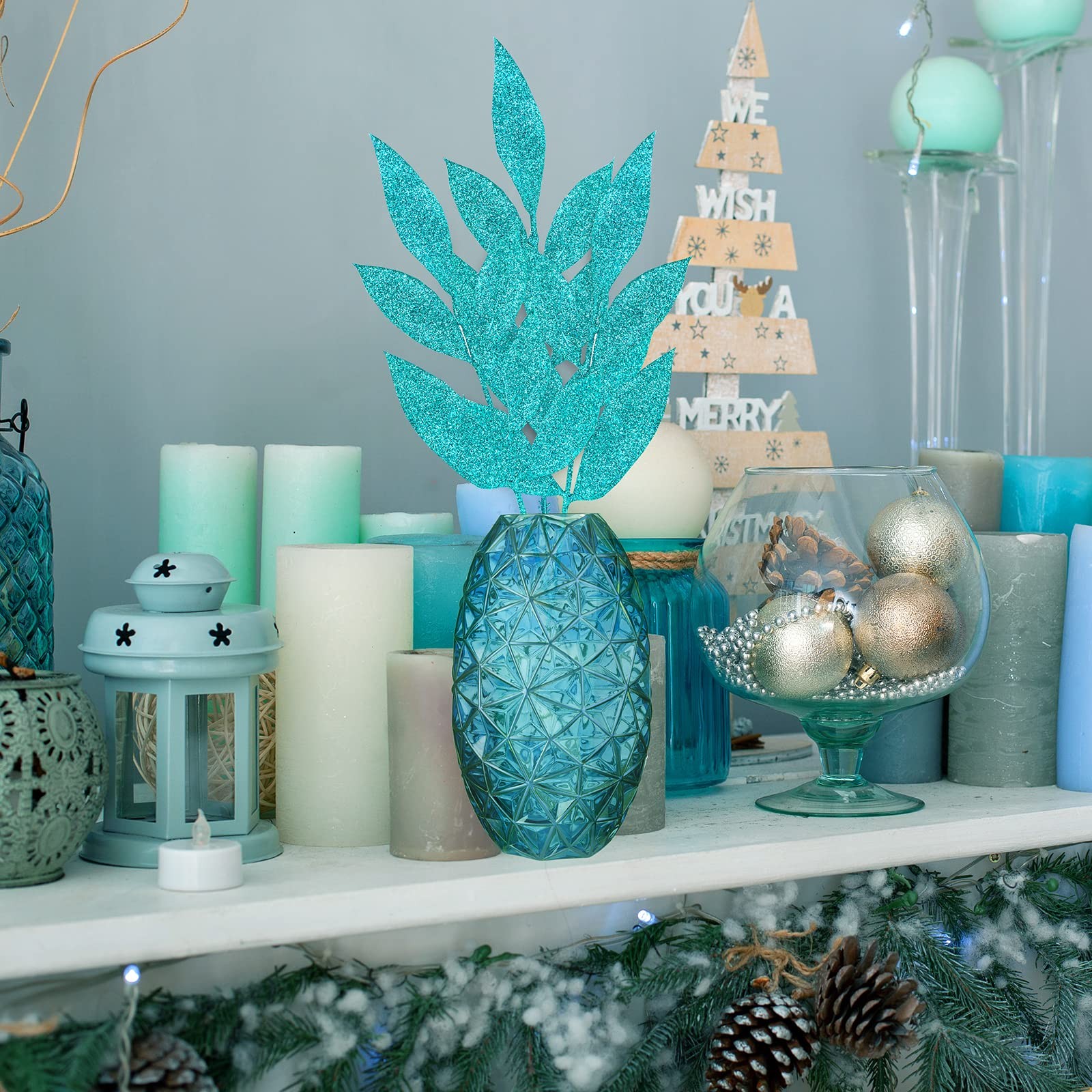 40 PCS Teal Glitter Bay Leaf Sprays Artificial Christmas Tree Picks 12.7 In
