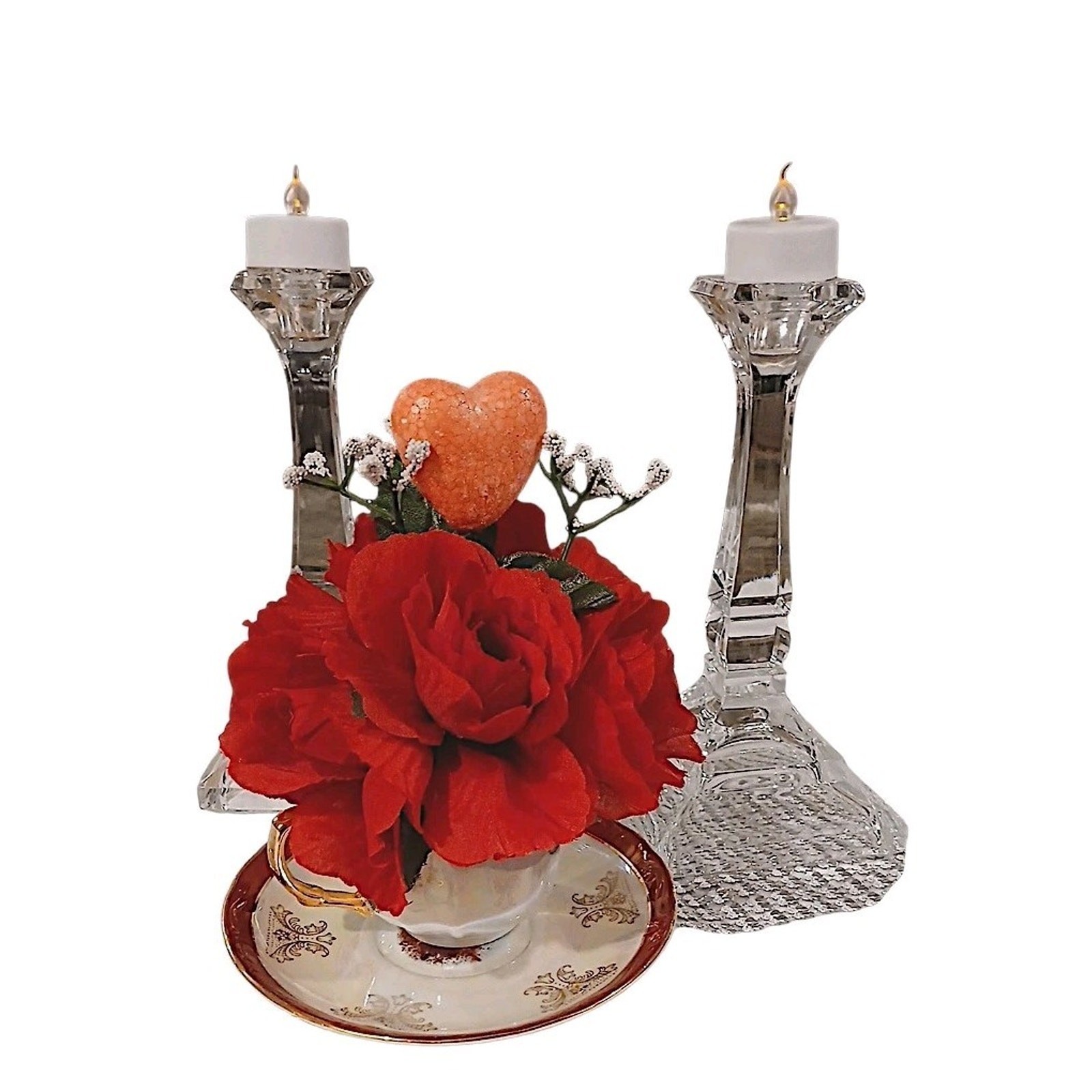 English Red Rose Floral Arrangement Tea Cup POP-IN Sparkle Heart Valentine Love