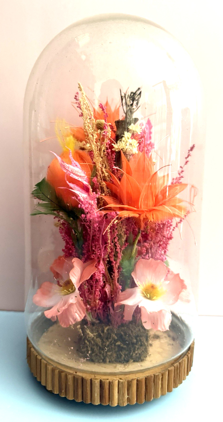 Vintage Plastic & Dried Flowers in Cloche by Allied Enterprises Inc. Bamboo Base