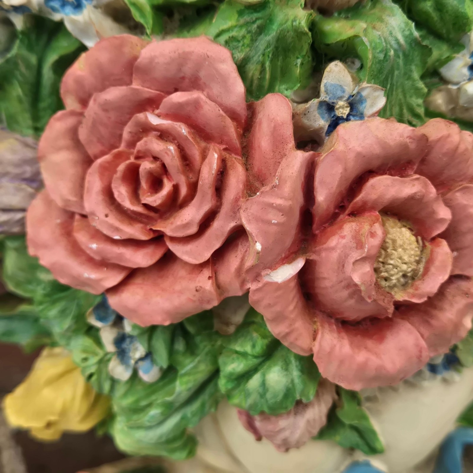 Vintage Flower Arrangement Doorstop Shabby Cottagecore Floral White Blue Ribbon