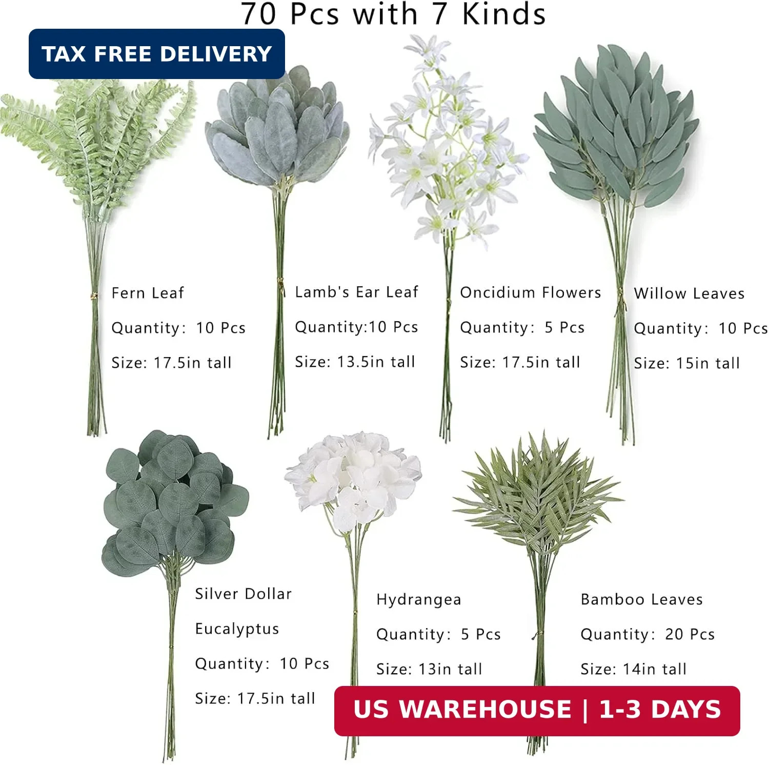FOTEEWL 70 Pcs Artificial Greenery Stems Box Set,with 7 Kinds of Faux Plants and
