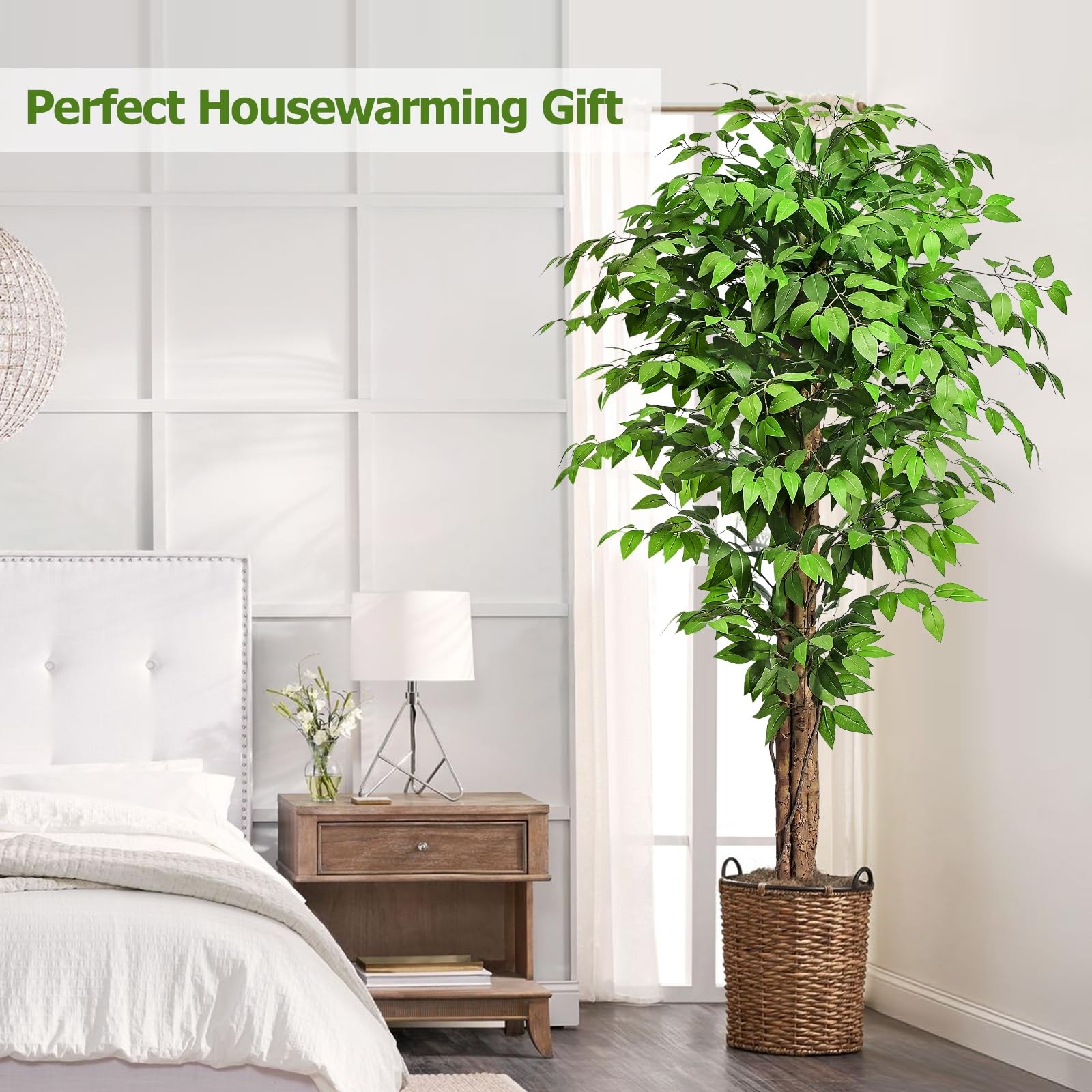 6.2ft Ficus Artificial Trees with 3 Natural Curved Trunks, 74″ Tall Lush Faux…
