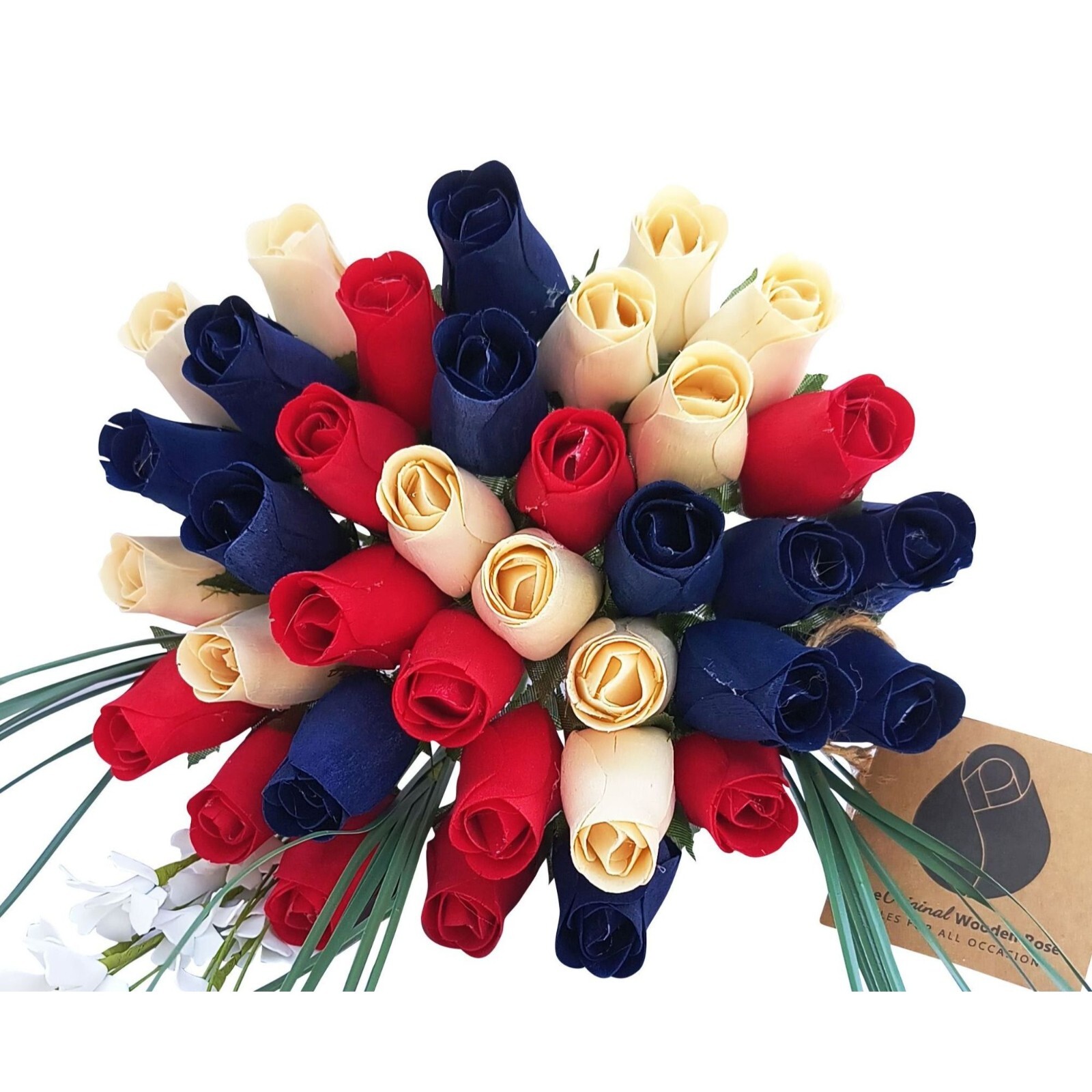 Patriotic Red White & Blue Flower Bouquet. The Original Wooden Rose 1, 2, 3 Doz