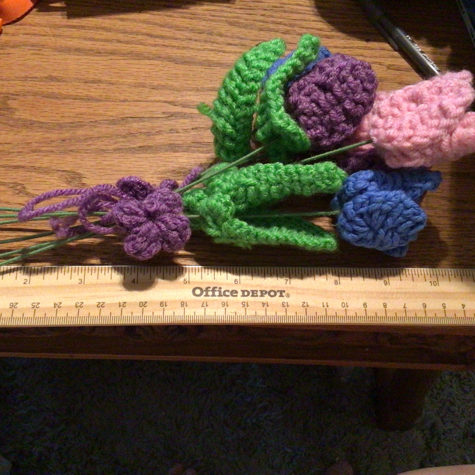 Crochet Flowers Bouquet, Pink, purple, blue, & green with wire stems