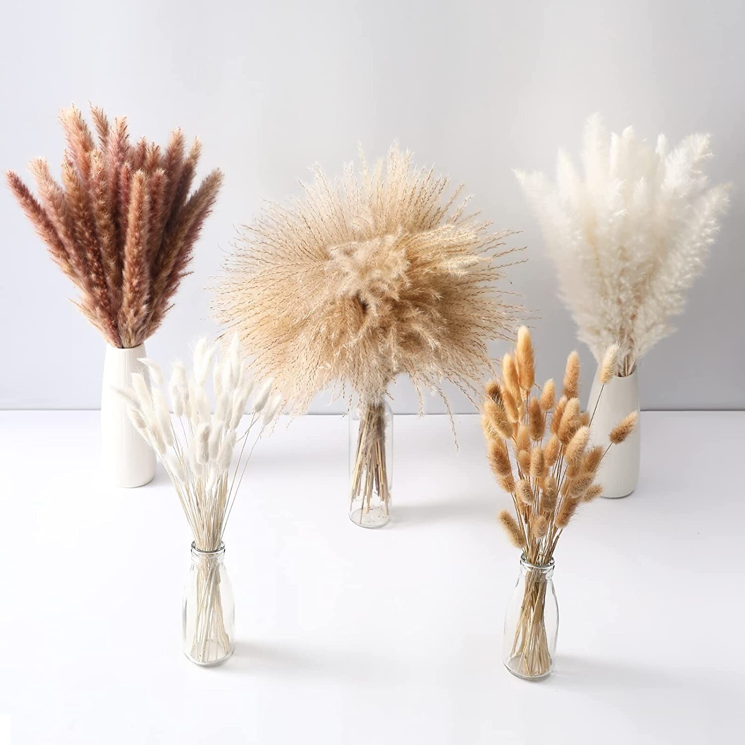 195Pcs Dry Pampas Grass Decor Fluffy Stem Bouquet for Boho Wedding Decor, 17.5″