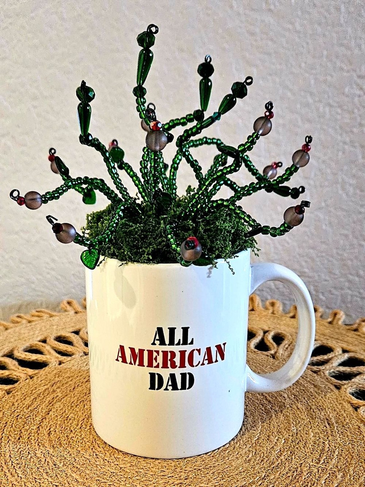 All American Dad White Ceramic Mug with Green Beaded Succulent