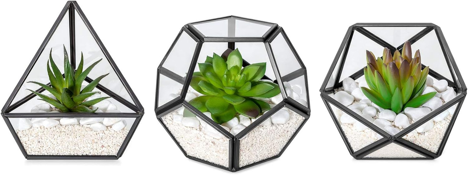 Artificial Succulent in 3 Pack Mini Glass Geometric Terrarium, Miniature Potted