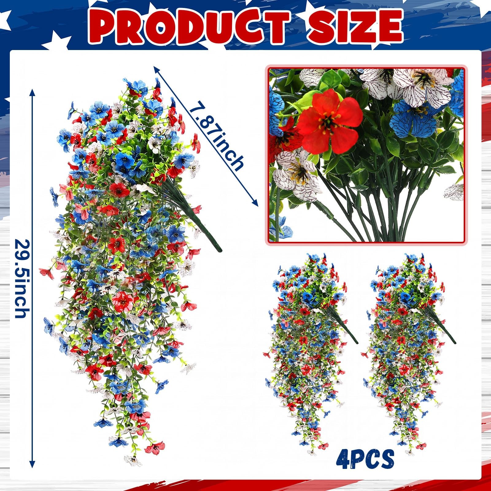 4 Pack 4th of July Faux Flowers for Outdoors Decoration Red White Blue Patrio…