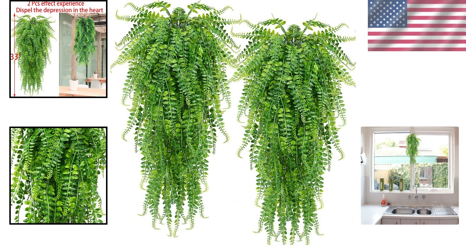 Durable Artificial Hanging Ferns – No Maintenance, UV Resistant 2-Piece Set