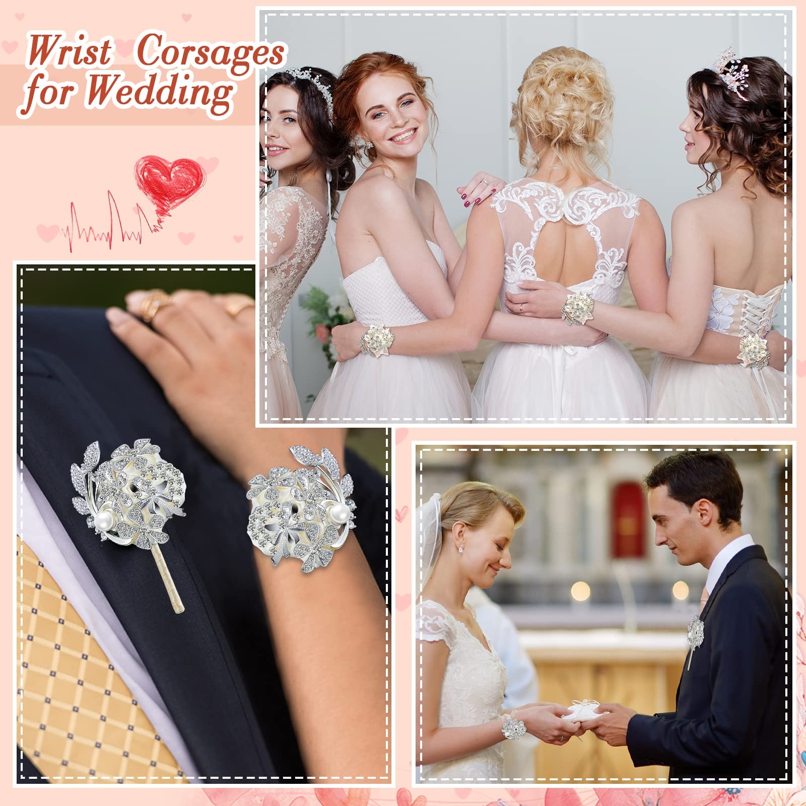 2 Pcs Rhinestone Wrist Corsage and Boutonniere Set – Artificial Flower Corsag…