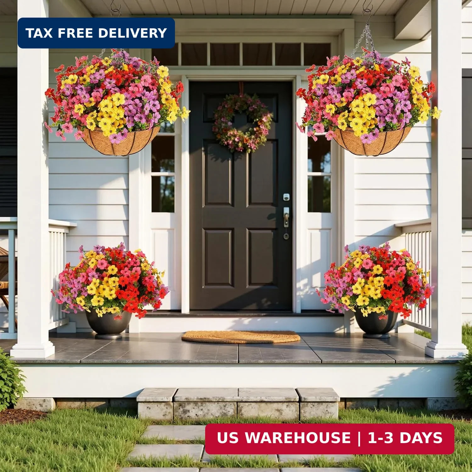 Artificial Outdoors Flowers with Hanging Basket, UV Resistant Fake Hanging Flowe