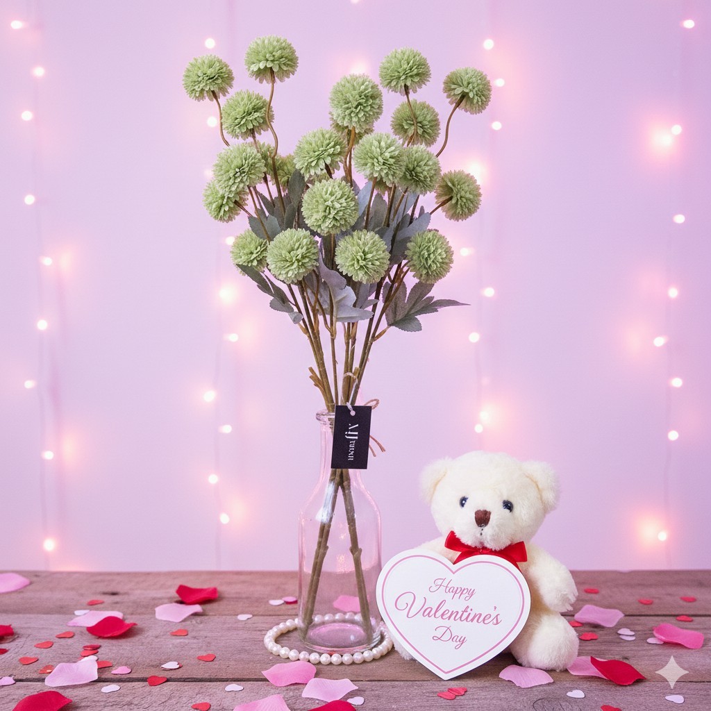 Green Pom Pom Mum Artificial Flowers 9 Stems – Unique Valentine’s Day Gift Decor