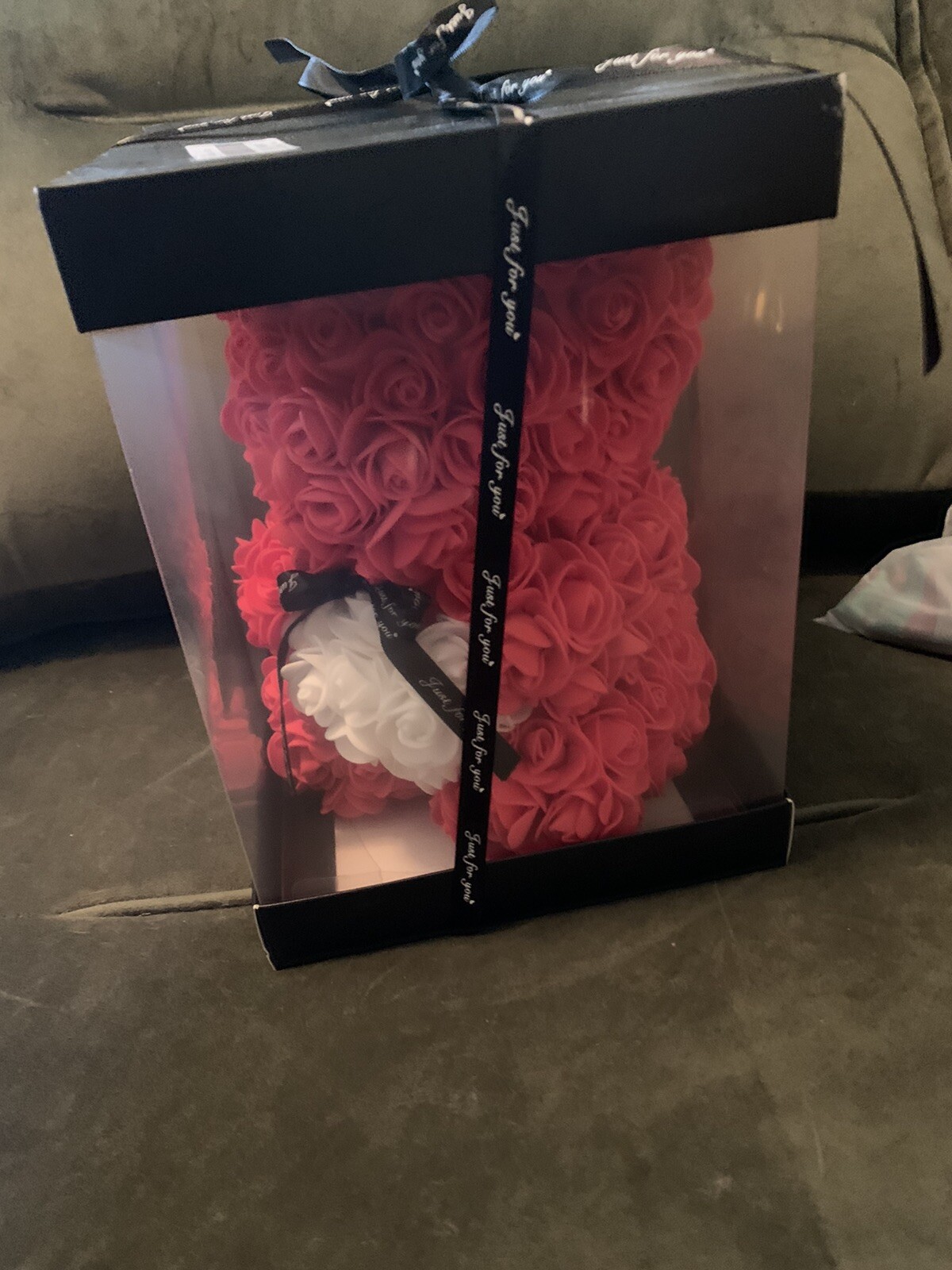Red Rose Teddy Bear Gift “Just For You” New, Open Box Foam Flowers Cute!
