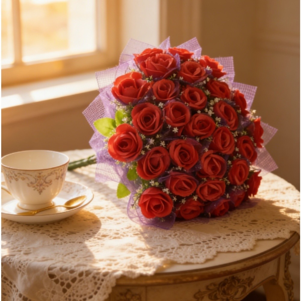 Wedding For Home decor bouquet 36 peach silk roses with purple gauze 43cm tall