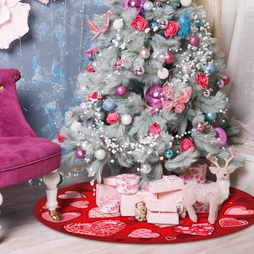 Valentine’s Day Heart Tree Skirt 48 Inch Pink Heart Tree Mat Single-sided