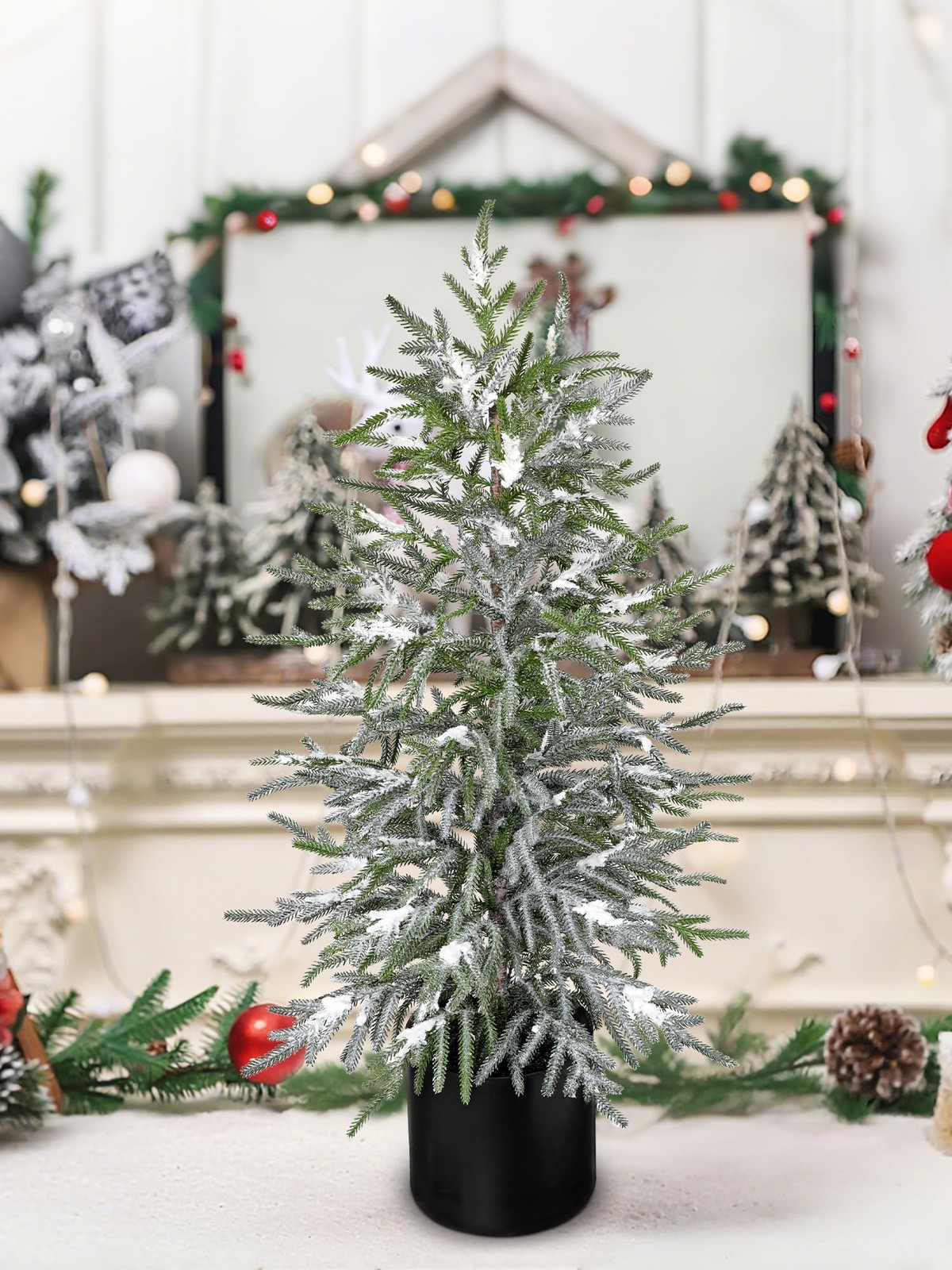 3FT Snow Flocked Artificial Norfolk Pine Tree in Pot, Real Touch Artificial T…