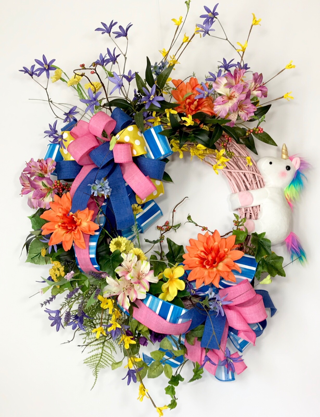 RAINBOW UNICORN PINK GRAPEVINE WREATH FRONT DOOR BRIGHT SUMMER FLOWERS DECOR NEW