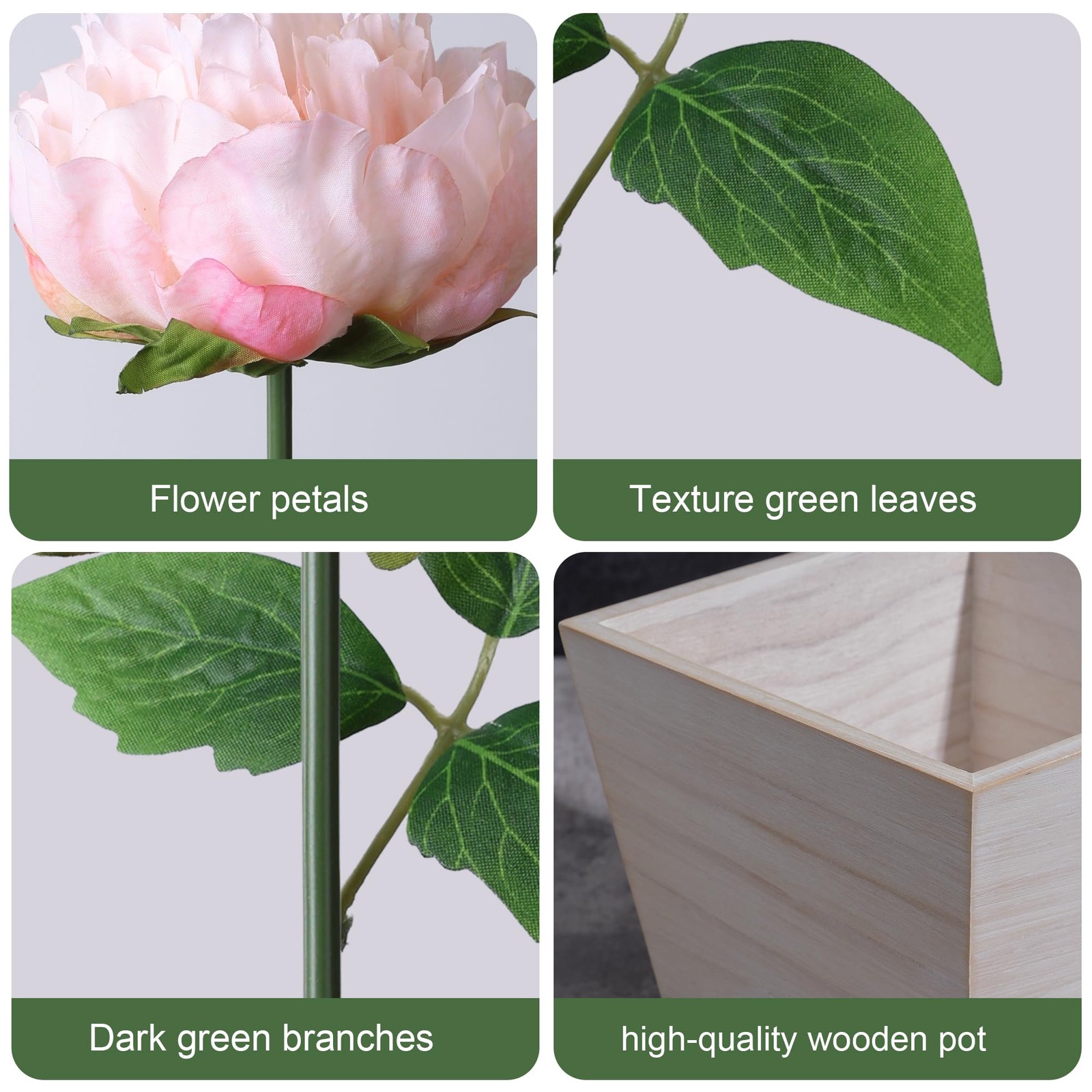 12 PCS Light Pink Artificial Peony Flowers Wood Planter Faux Silk Centerpiece