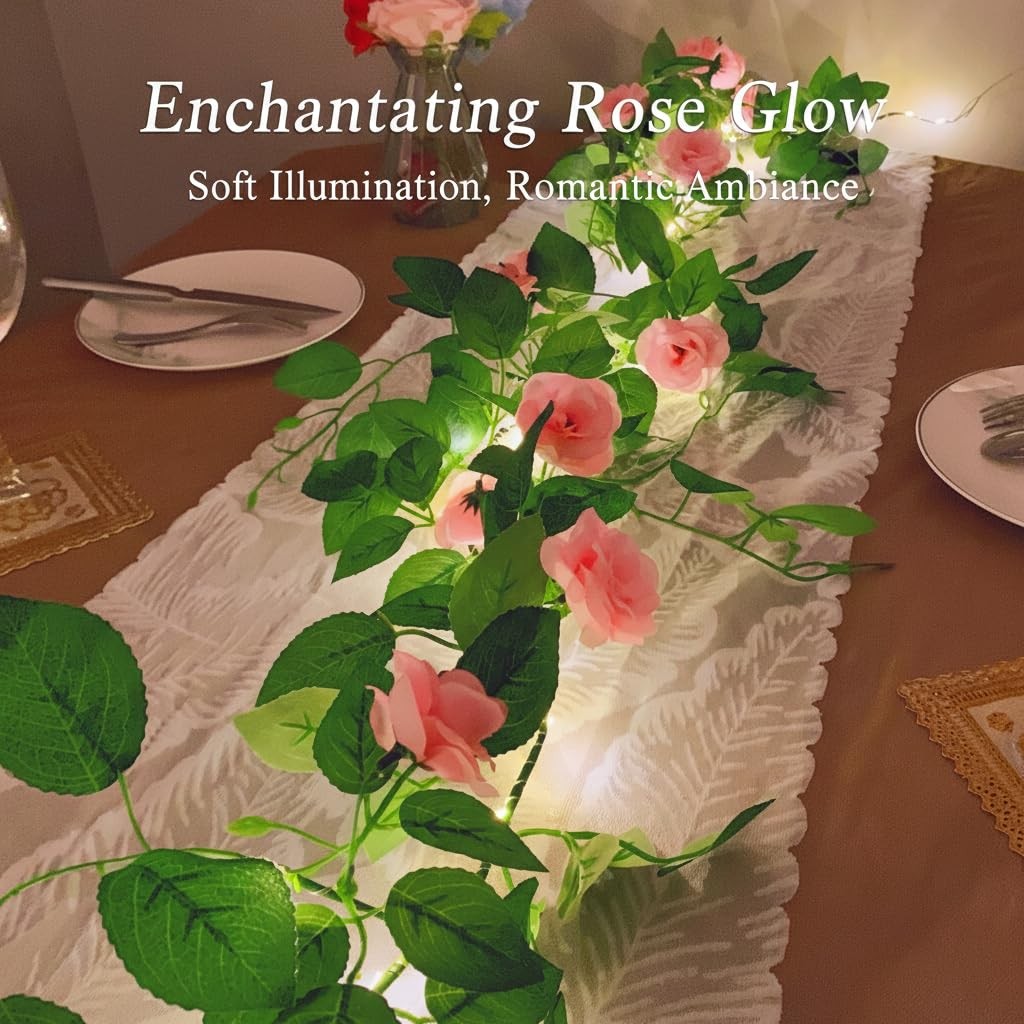 5.9ft Artificial Rose Flower Garland with 70 LED String Lights